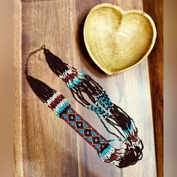 Southwestern Geometric Pattern Seed‎ Beaded Multi Strand Necklace - Picture 3 of 8